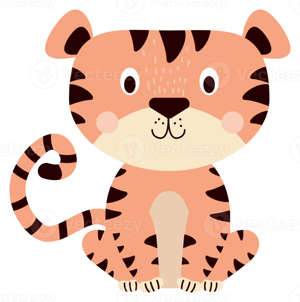 Cute Sitting tiger. Striped funny tiger character png