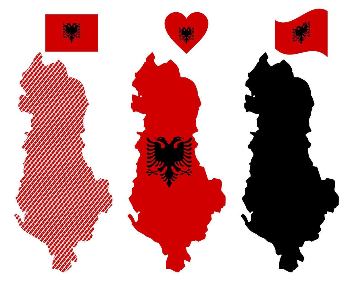 mapa y bandera del símbolo de albania en un fondo blanco vector