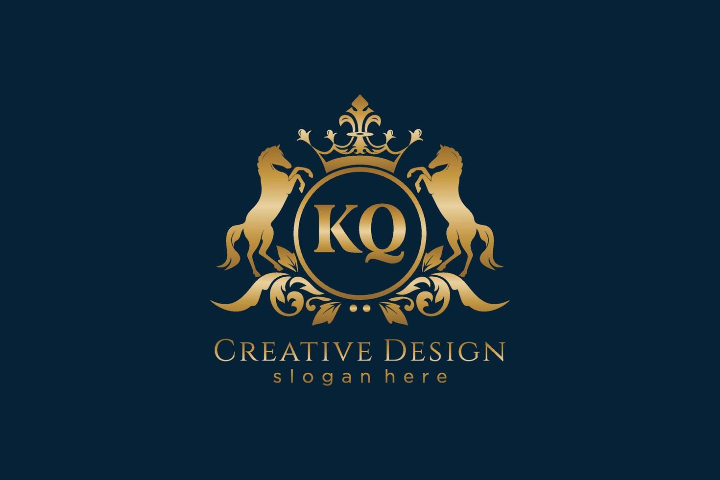 initial KQ Retro golden crest with circle and two horses, badge template with scrolls and royal crown - perfect for luxurious branding projects vector