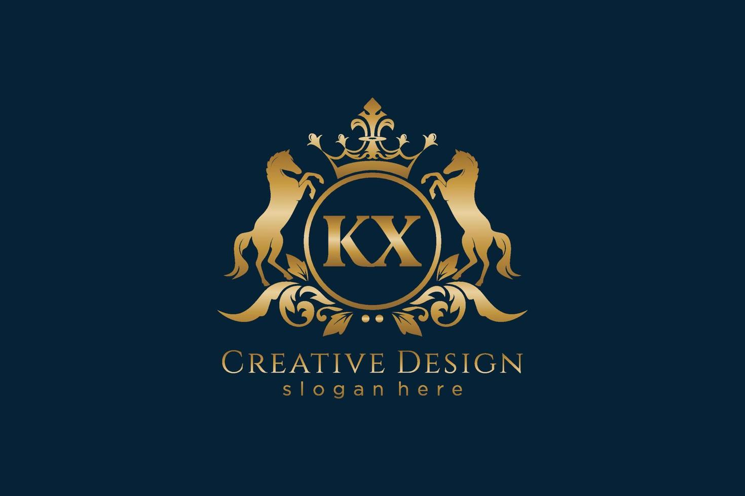 cresta dorada retro kx inicial con círculo y dos caballos, plantilla de placa con pergaminos y corona real, perfecta para proyectos de marca de lujo vector