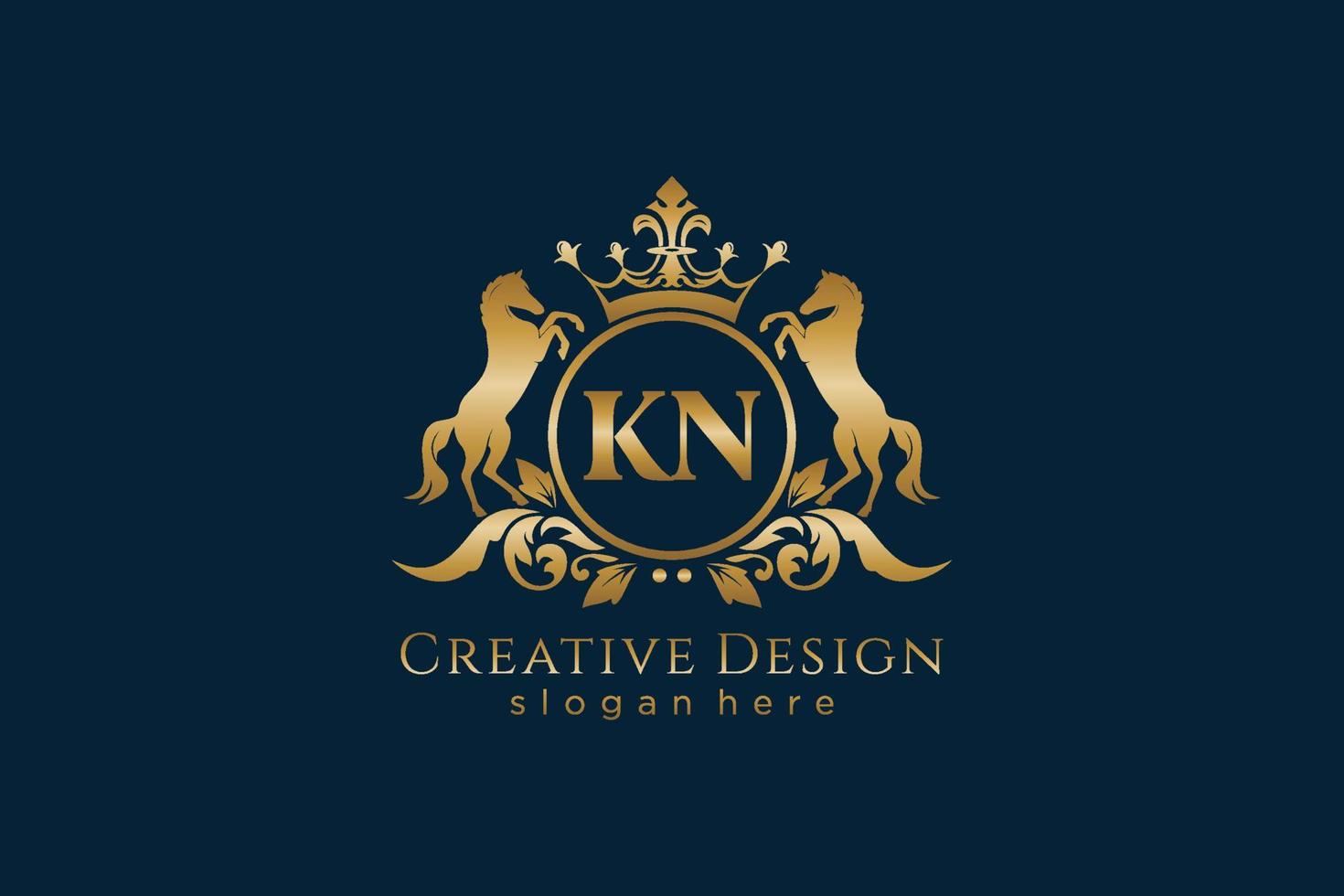 initial KN Retro golden crest with circle and two horses, badge template with scrolls and royal crown - perfect for luxurious branding projects vector