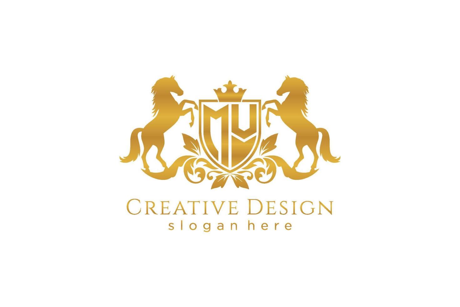initial MV Retro golden crest with shield and two horses, badge template with scrolls and royal crown - perfect for luxurious branding projects vector