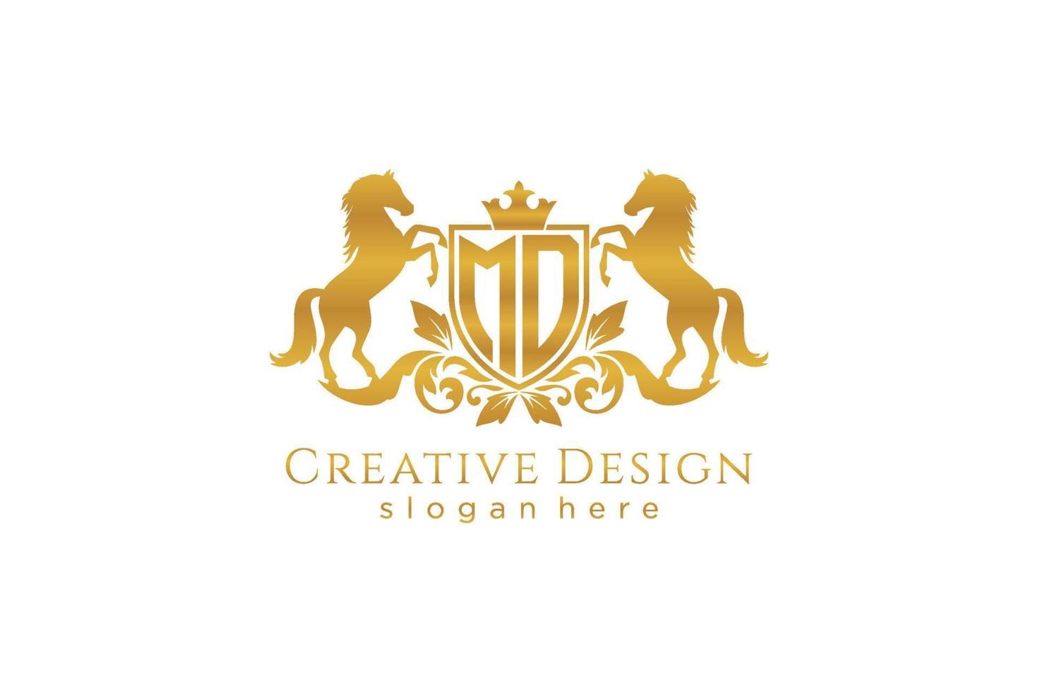 cresta dorada retro md inicial con escudo y dos caballos, plantilla de insignia con pergaminos y corona real - perfecto para proyectos de marca de lujo vector