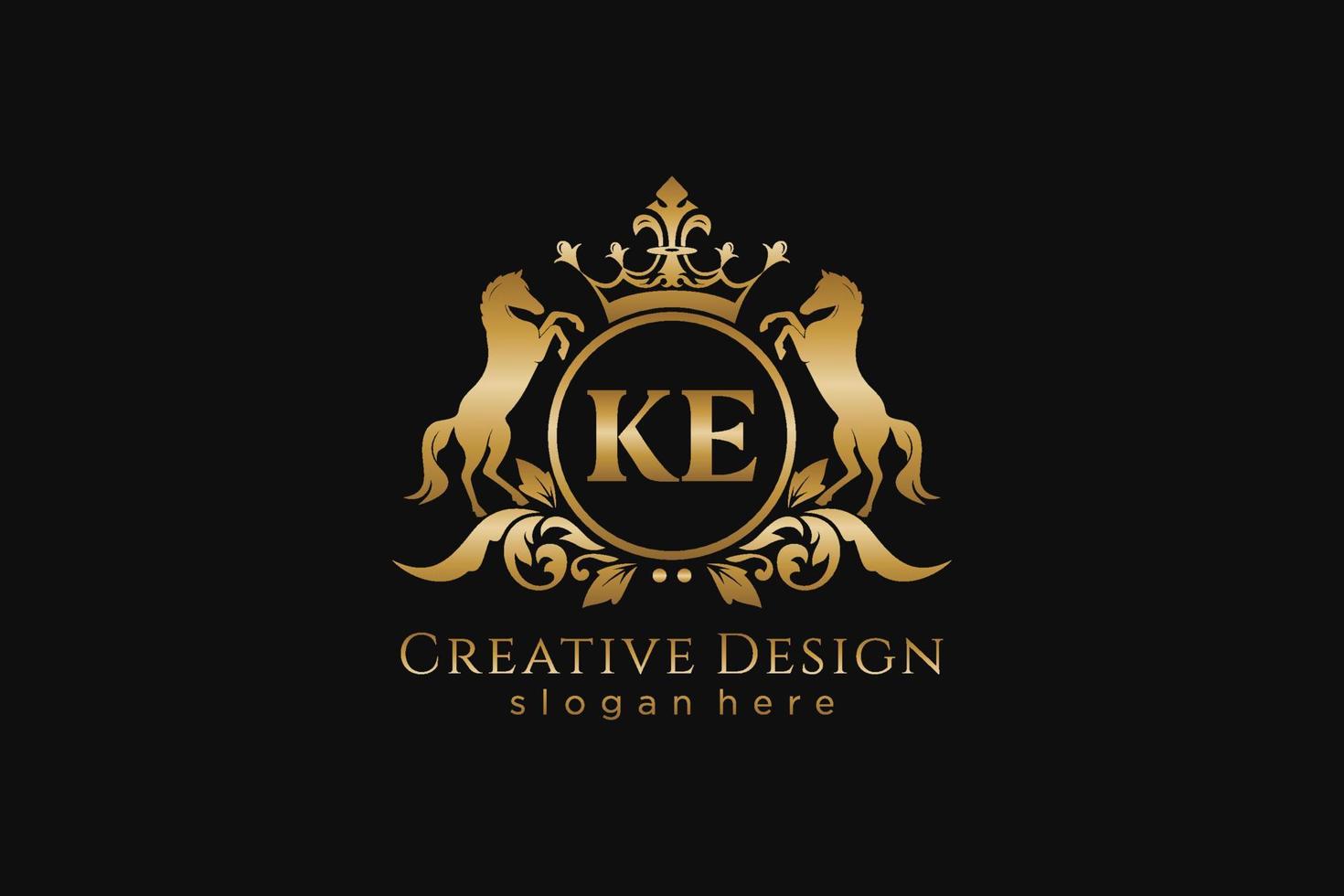initial KE Retro golden crest with circle and two horses, badge template with scrolls and royal crown - perfect for luxurious branding projects vector