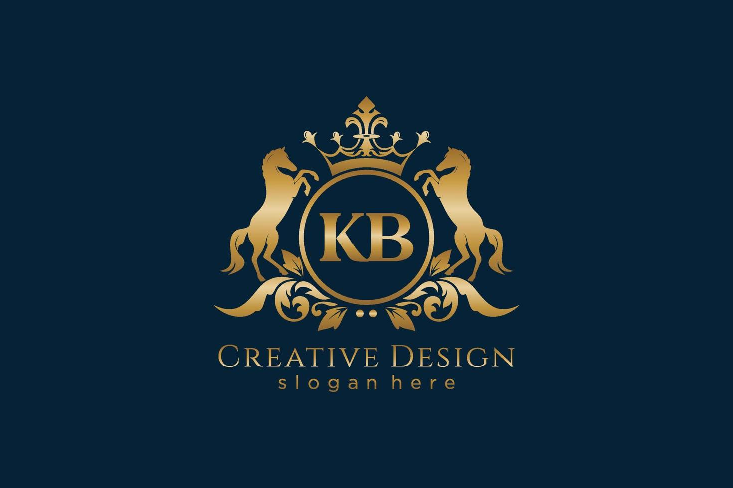 initial KB Retro golden crest with circle and two horses, badge template with scrolls and royal crown - perfect for luxurious branding projects vector