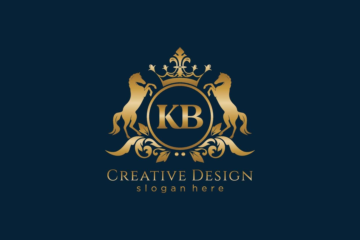 cresta dorada retro kb inicial con círculo y dos caballos, plantilla de insignia con pergaminos y corona real - perfecto para proyectos de marca de lujo vector