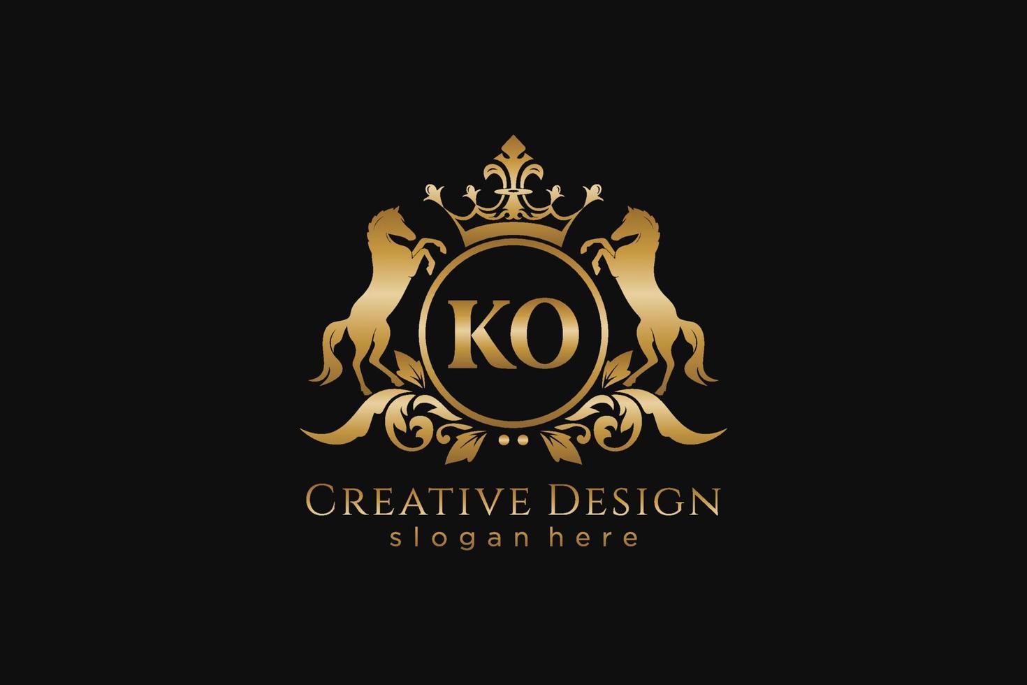 initial KO Retro golden crest with circle and two horses, badge template with scrolls and royal crown - perfect for luxurious branding projects vector