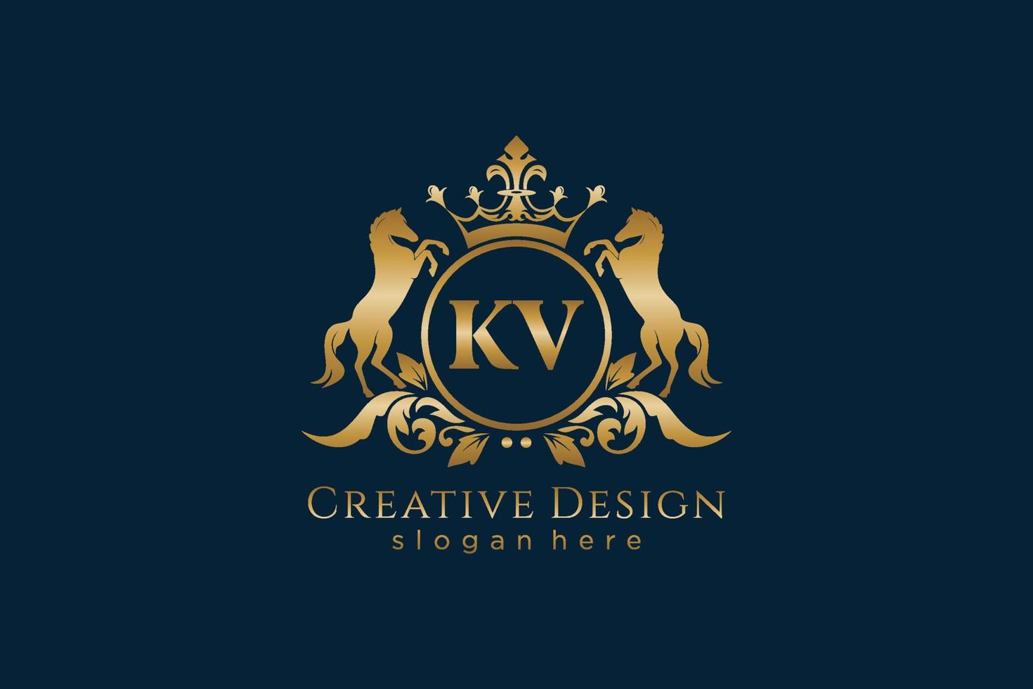 initial KV Retro golden crest with circle and two horses, badge template with scrolls and royal crown - perfect for luxurious branding projects vector