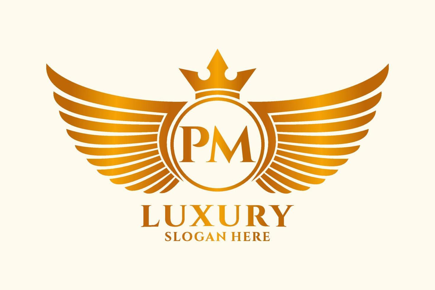 Luxury royal wing Letter PM crest Gold color Logo vector, Victory logo, crest logo, wing logo, vector logo template.