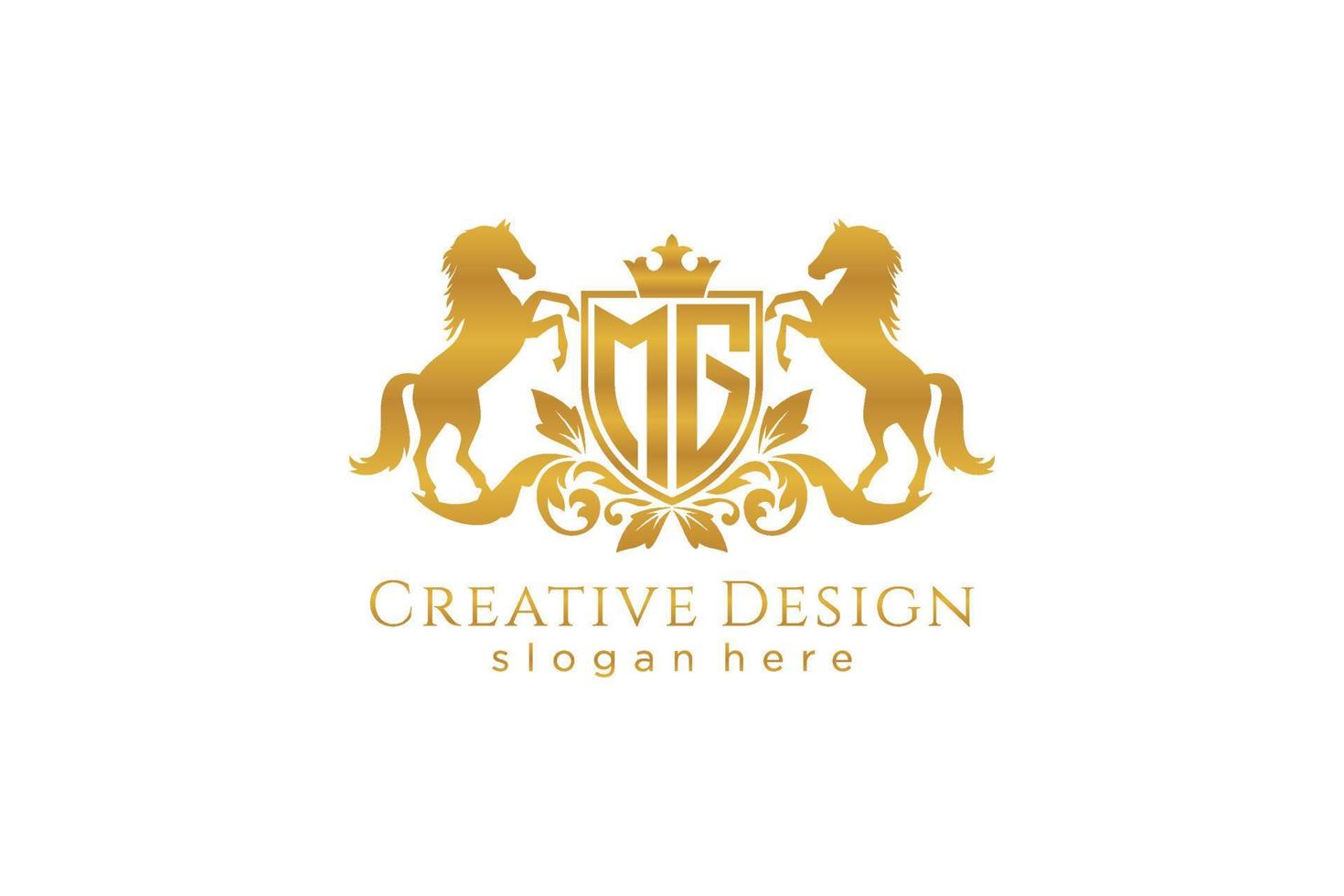 initial MG Retro golden crest with shield and two horses, badge template with scrolls and royal crown - perfect for luxurious branding projects vector