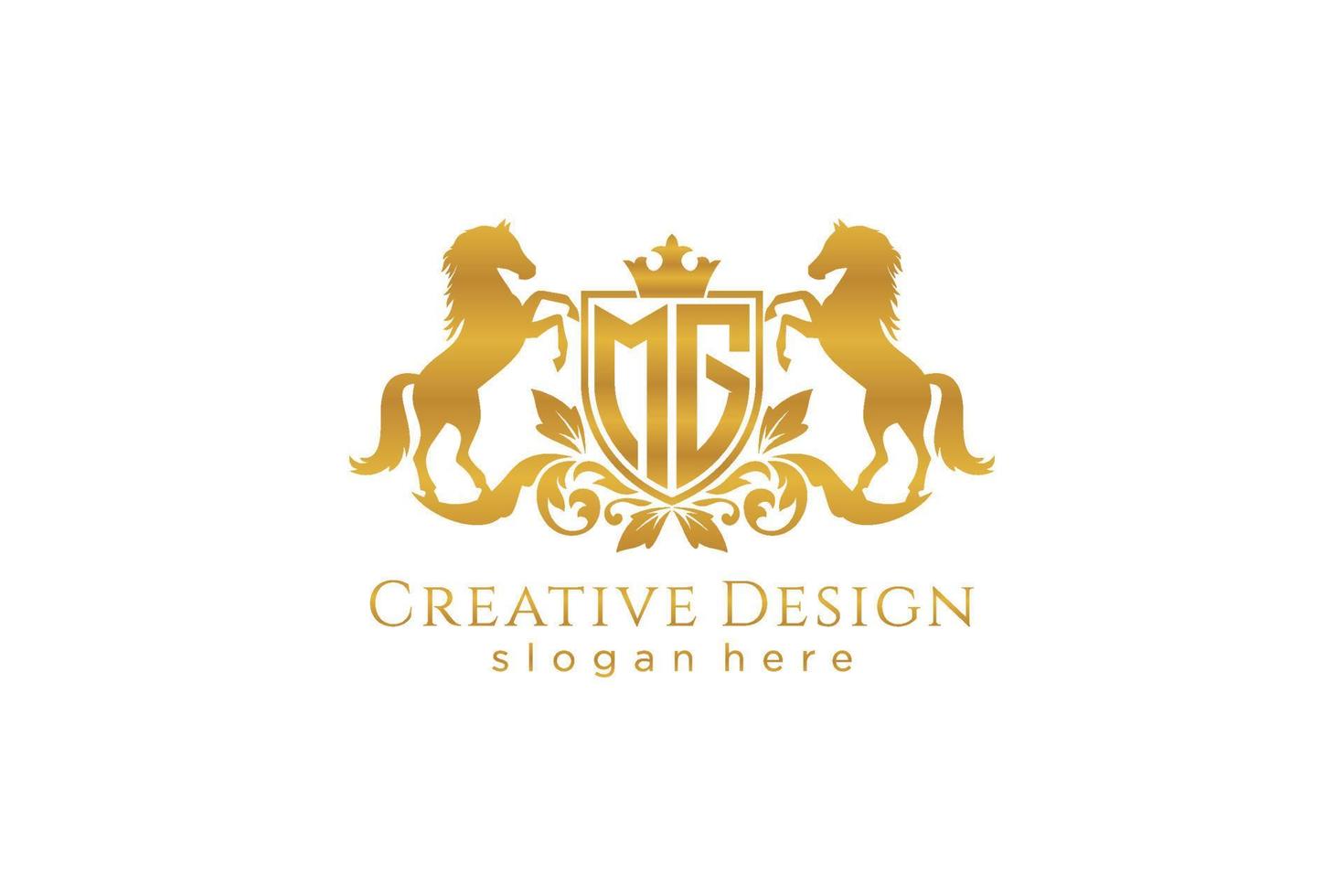 initial MG Retro golden crest with shield and two horses, badge template with scrolls and royal crown - perfect for luxurious branding projects vector