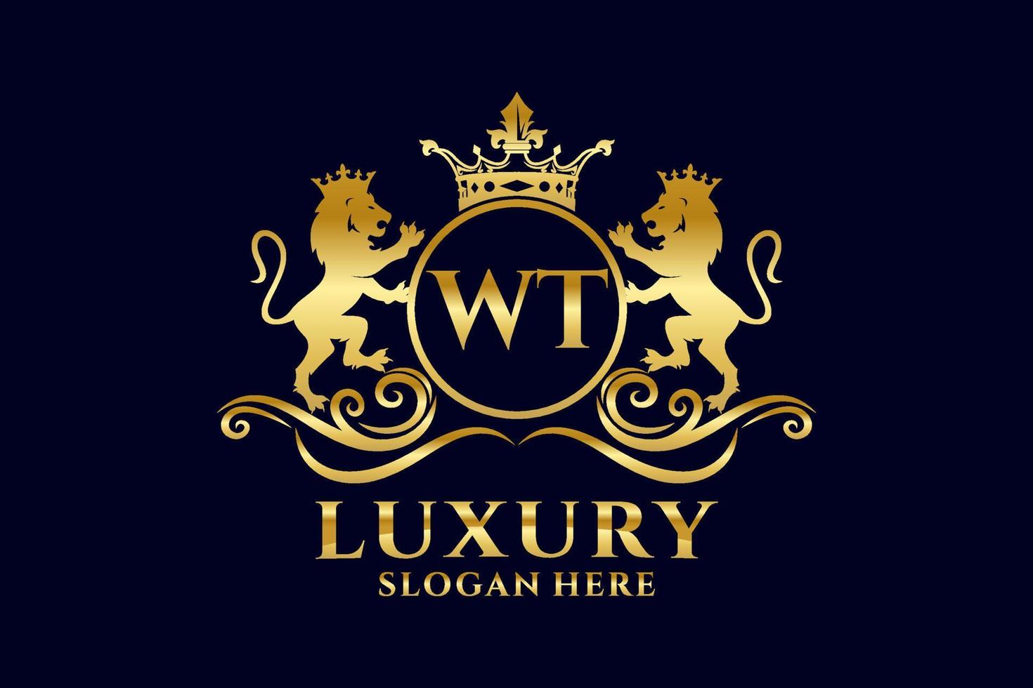 Initial WT Letter Lion Royal Luxury Logo template in vector art for luxurious branding projects and other vector illustration.