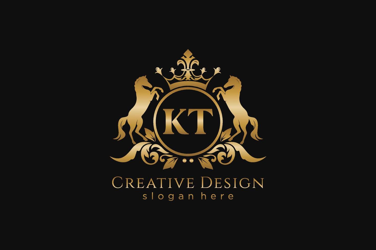 initial KT Retro golden crest with circle and two horses, badge template with scrolls and royal crown - perfect for luxurious branding projects vector