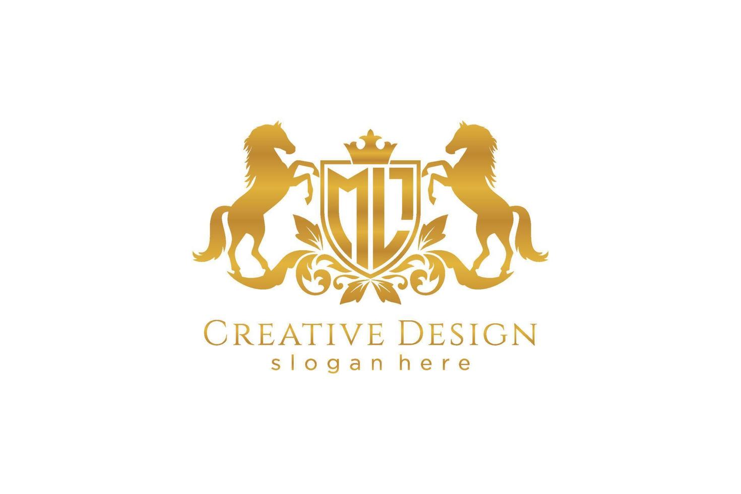 initial ML Retro golden crest with shield and two horses, badge template with scrolls and royal crown - perfect for luxurious branding projects vector