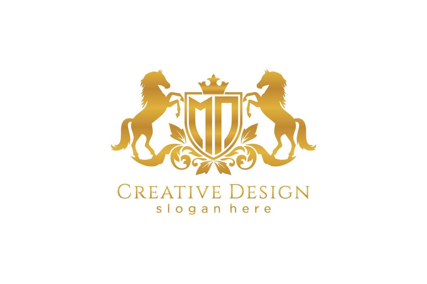 initial MN Retro golden crest with shield and two horses, badge template with scrolls and royal crown - perfect for luxurious branding projects vector