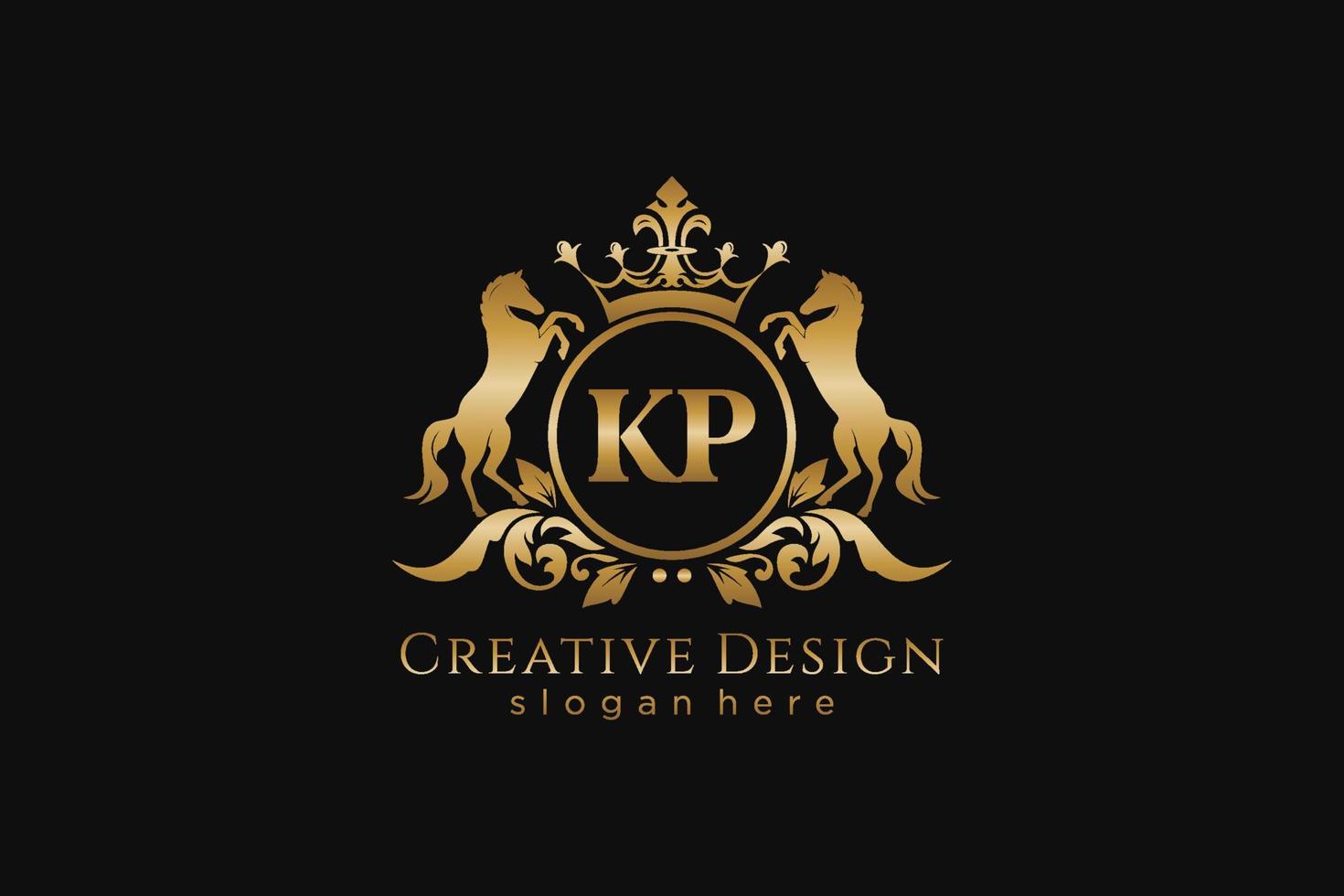 initial KP Retro golden crest with circle and two horses, badge template with scrolls and royal crown - perfect for luxurious branding projects vector