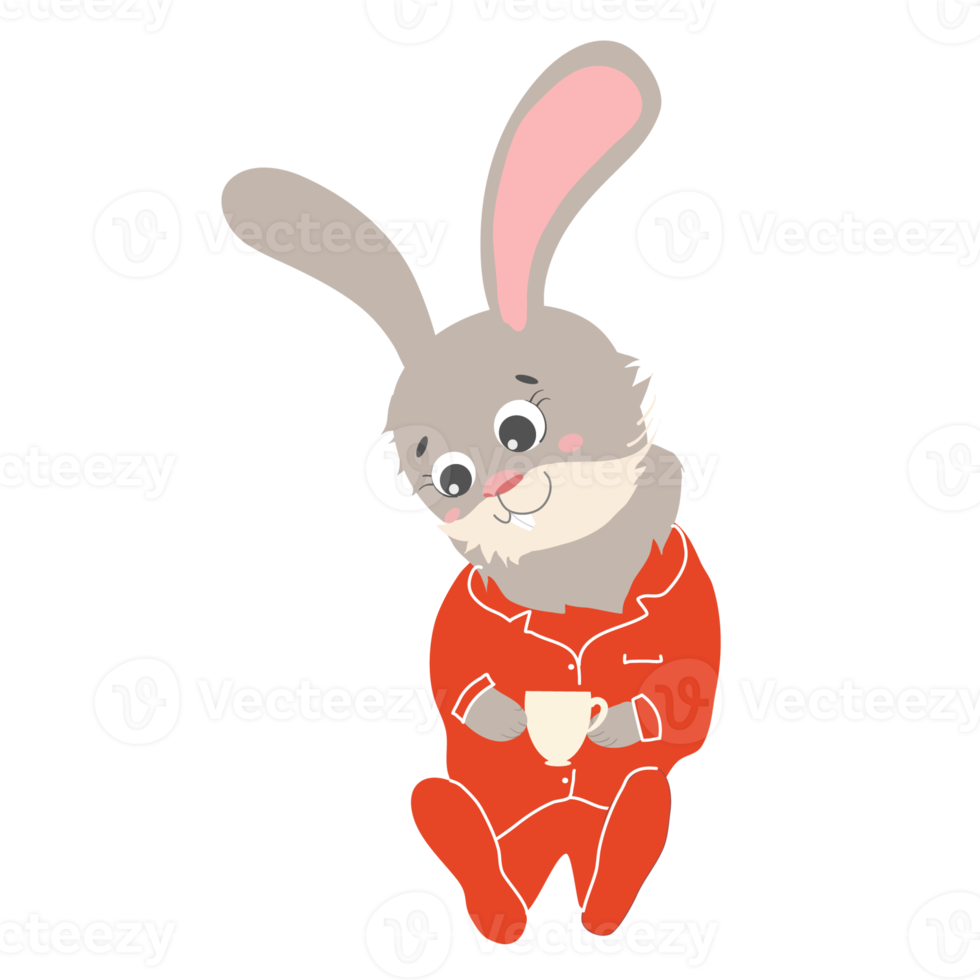 Gray rabbit drinks tea in red pajamas png