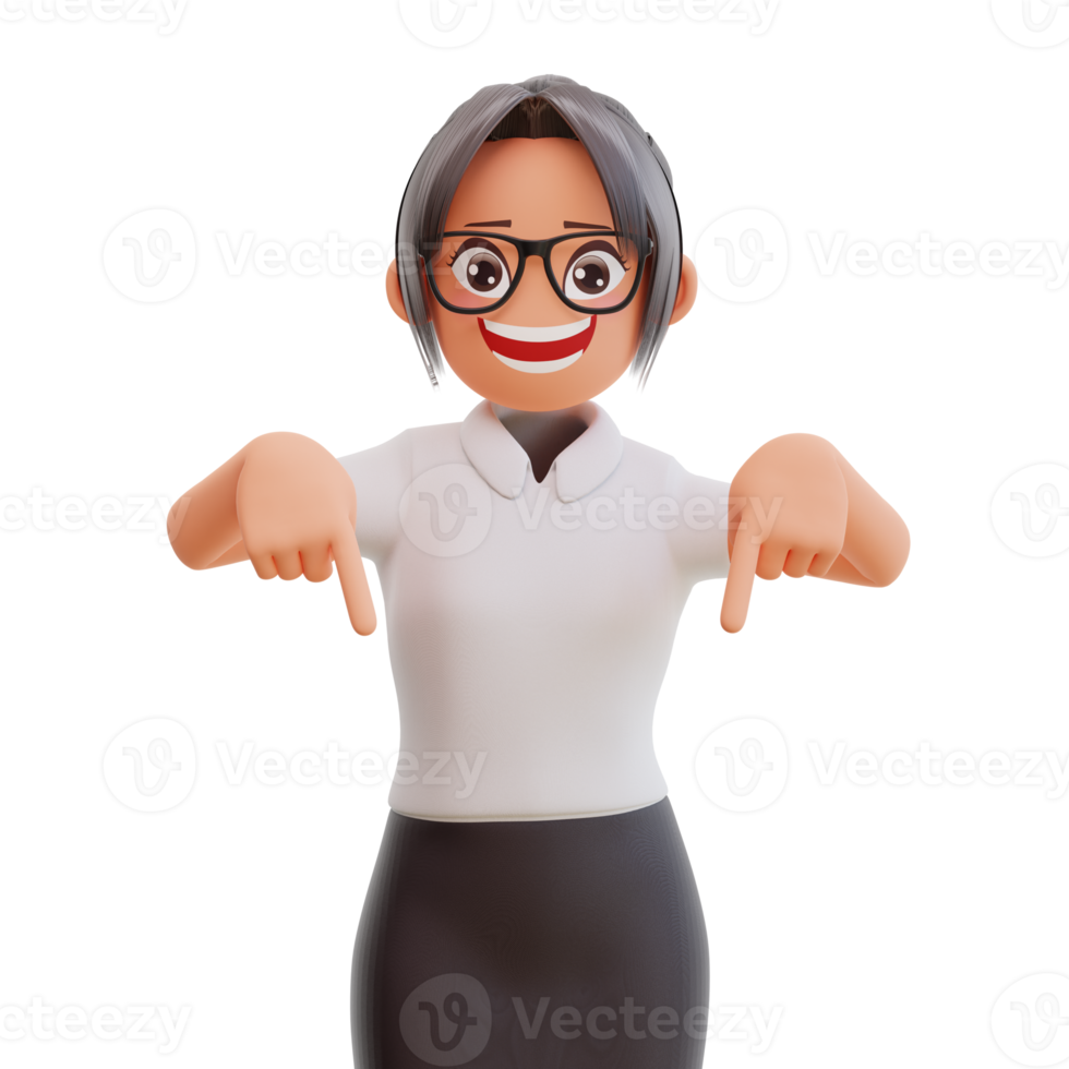 Young businesswoman pointing fingers down 3d cartoon illustration png