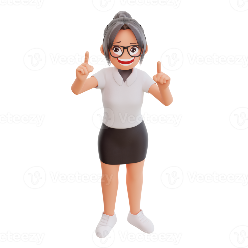 Young businesswoman pointing up 3d cartoon illustration png