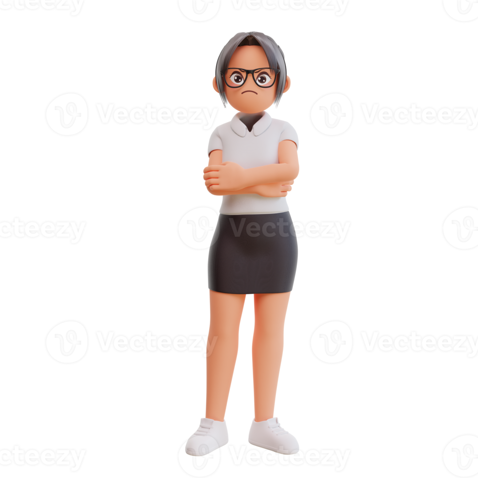 Young businesswoman expressing negative emotions displeased 3d cartoon illustration png