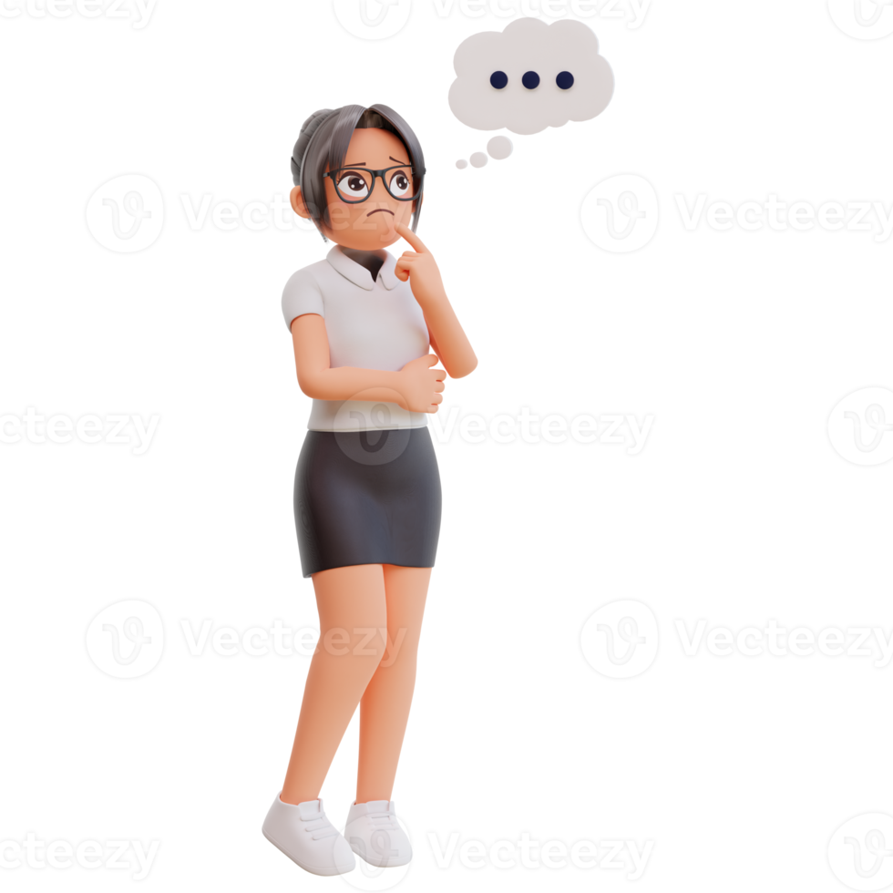 Young businesswoman thinking about something 3d cartoon illustration png