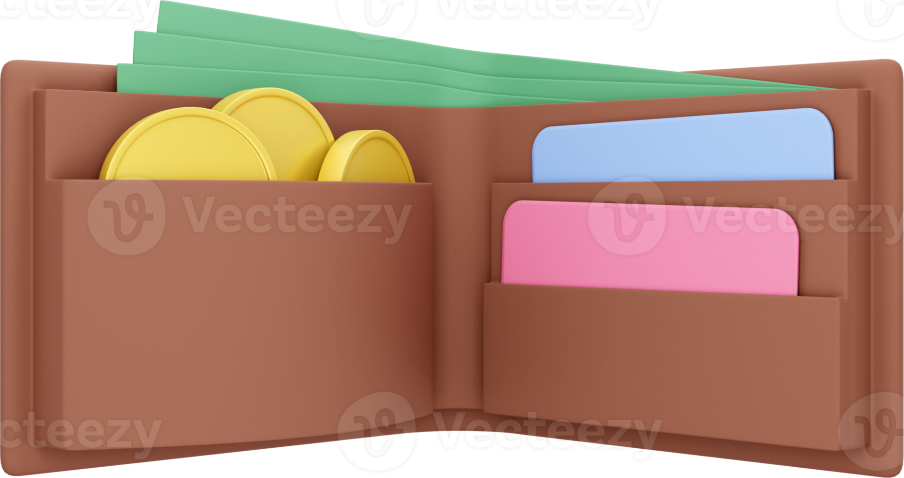 Open wallet icon with coins, bills and credit cards. PNG transparent background. 3d rendering.