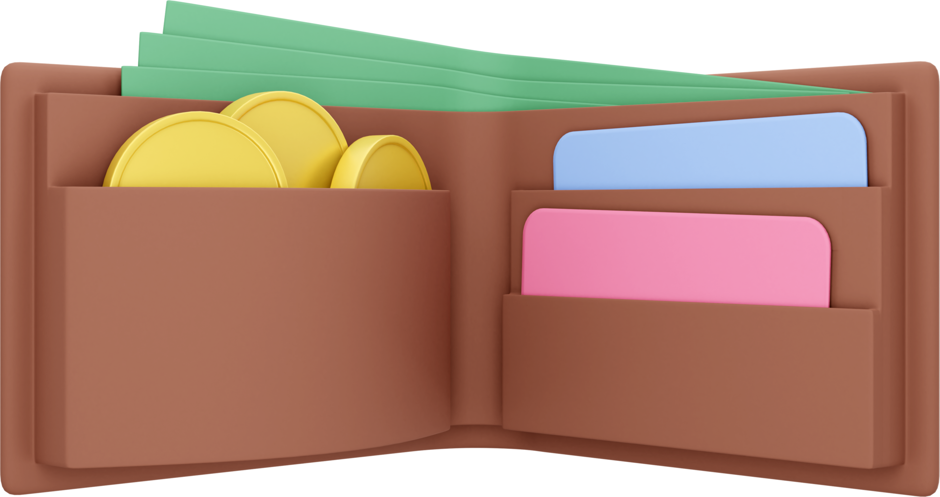 Open wallet icon with coins, bills and credit cards. PNG transparent