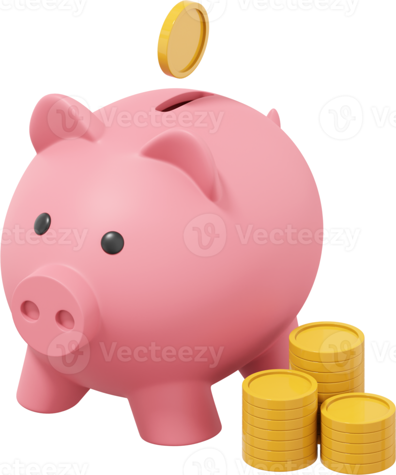 Pink piggy bank with falling coins, stacks of coins. PNG transparent background. Accumulation of savings icon. 3D rendering.