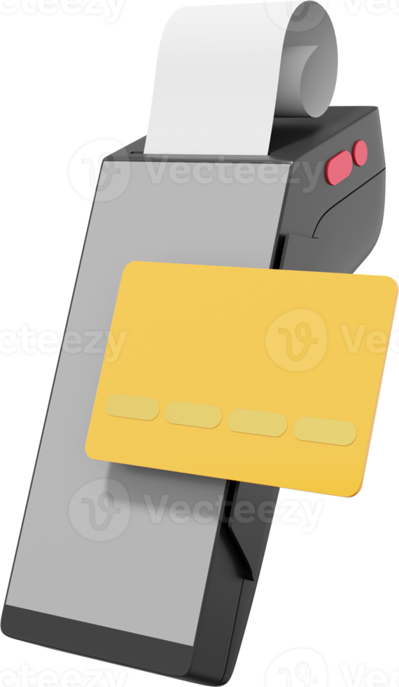 POS terminal icon with credit card and check. Modern cashless payment machine. NFC payment device. PNG transparent background. 3D rendering.
