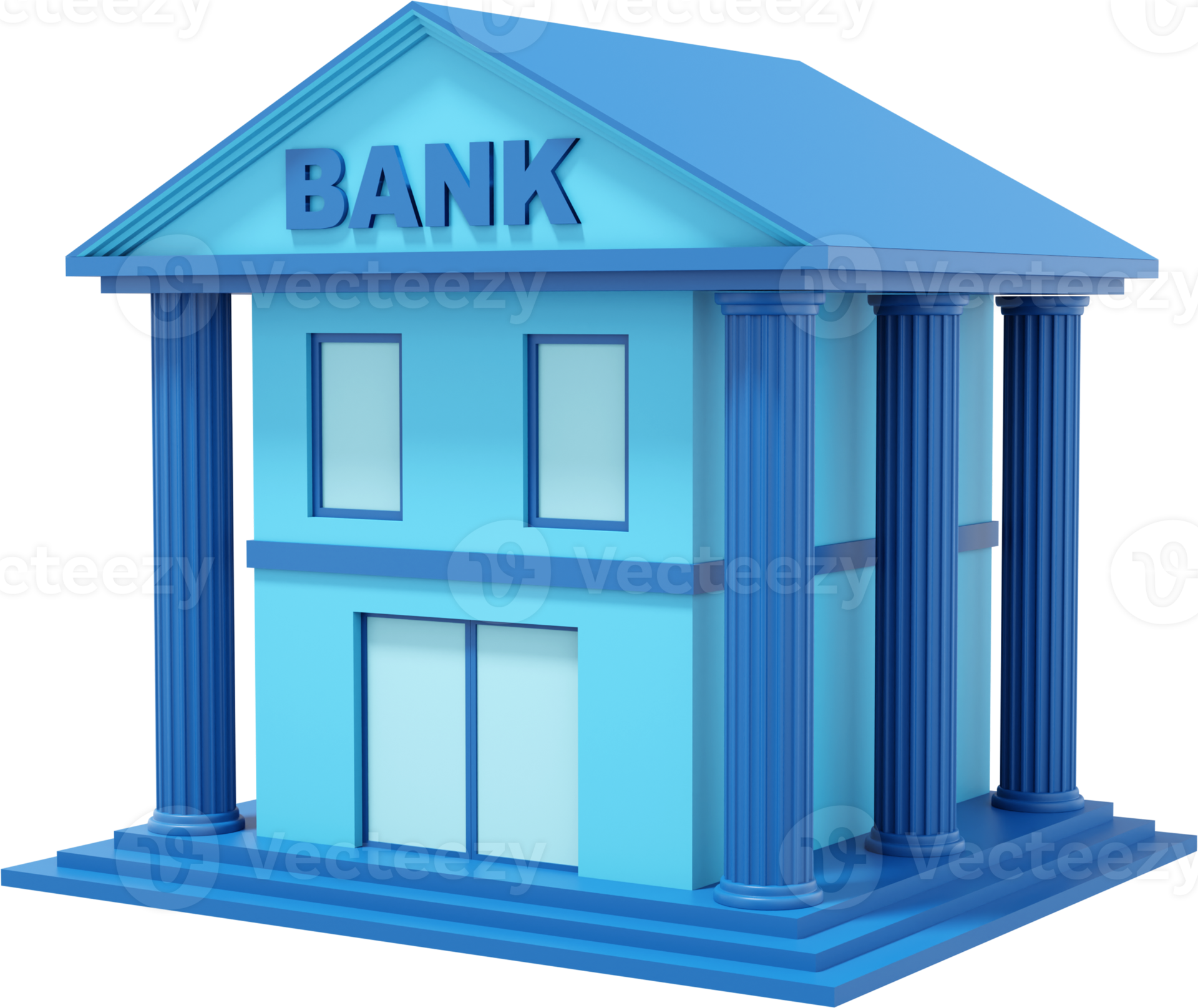 Blue bank building with columns. PNG transparent background. 3d