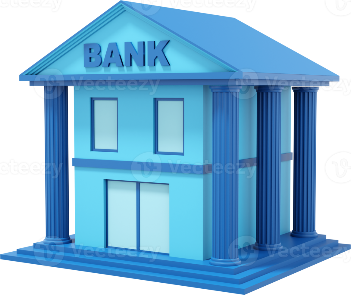 Blue bank building with columns. PNG transparent background. 3d rendering.