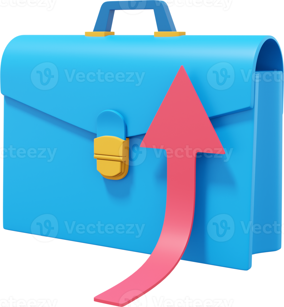 Blue briefcase with growing red arrow. PNG transparent background. Portfolio icon. 3D rendering.