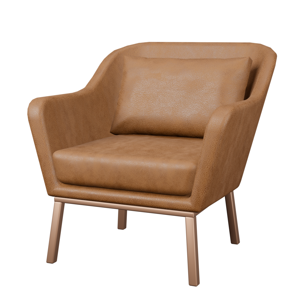 sillón de cuero marrón cojín suave con pata de metal renderizado en 3d diseño interior moderno para sala de estar png