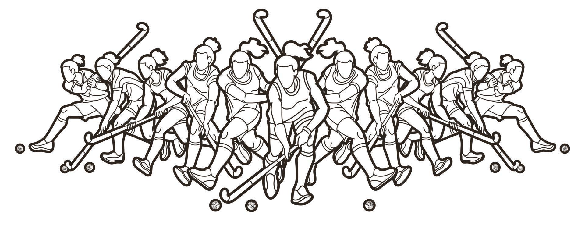 Outline Group of Field Hockey Sport Woman Players vector