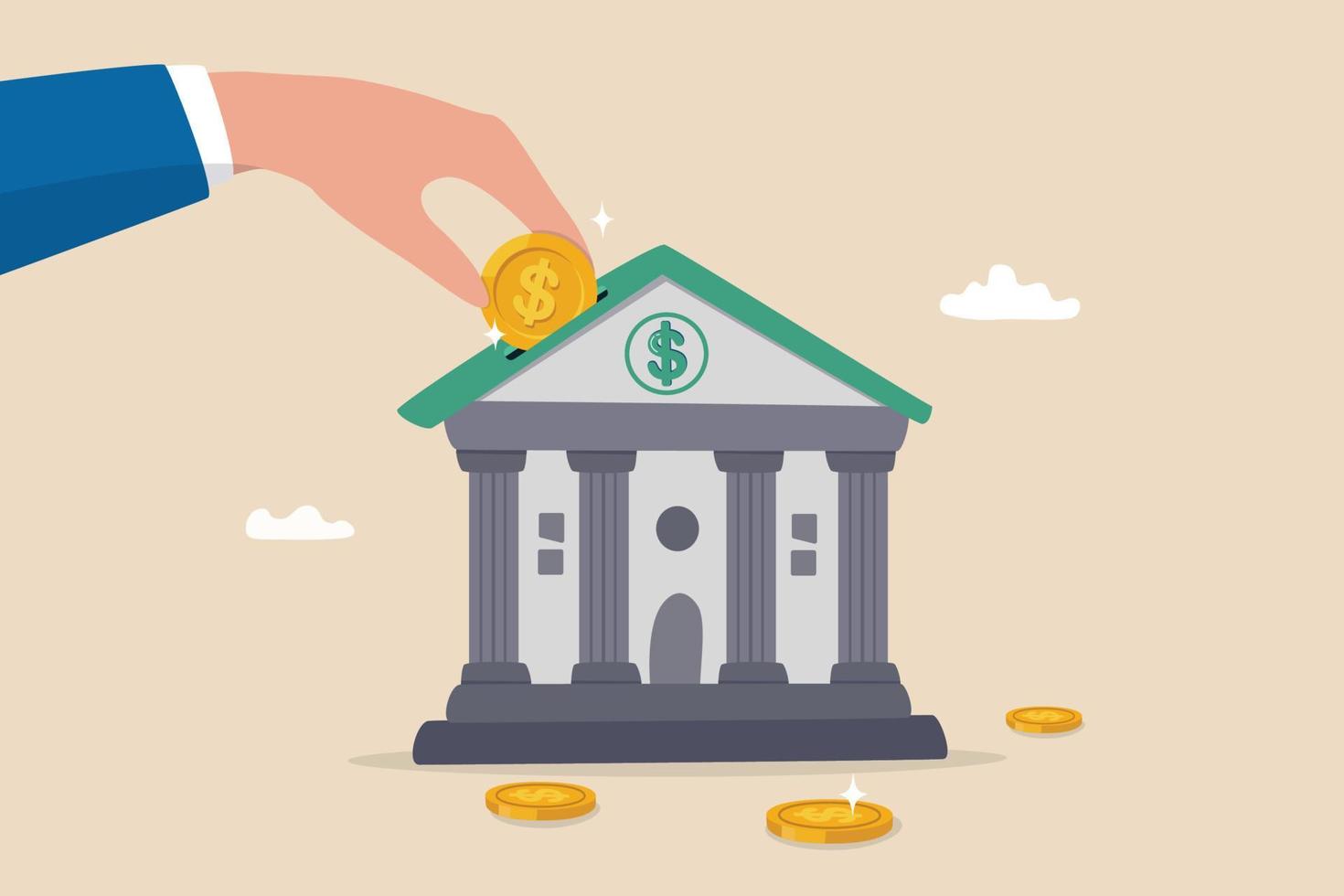 Investment bank financial service to provide invest advisory, wealth management or loan for company, money growth or profit and earning concept, businessman hand put dollar coin on investment bank. vector