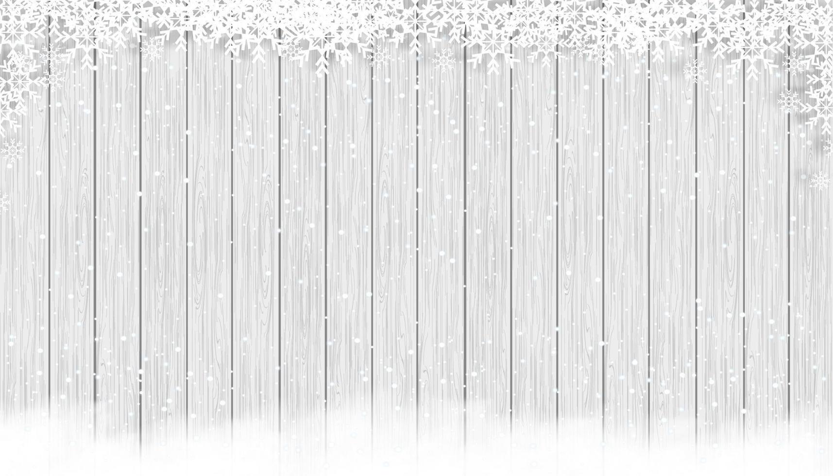 fondo de navidad con copos de nieve en textura de madera, escena de invierno vectorial con nieve en textura de panel de madera blanca y gris, telón de fondo de banner de pantalla 3d para promoción de año nuevo o navidad vector
