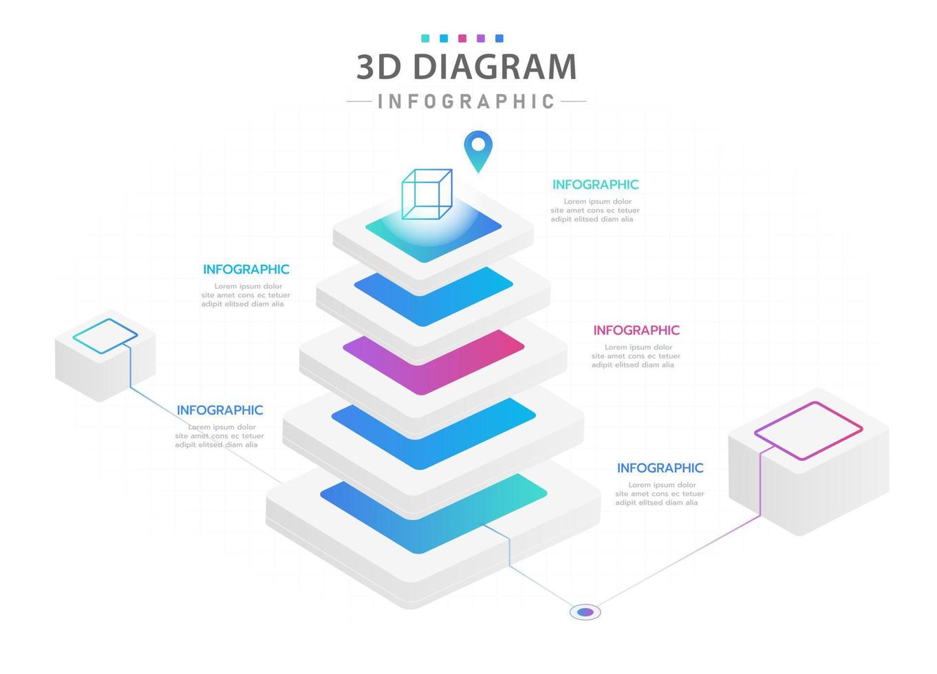 plantilla infográfica para negocios. Diagrama de mapa mental de nivel moderno 3d de 5 pasos con estilo futurista, infografía vectorial de presentación. vector