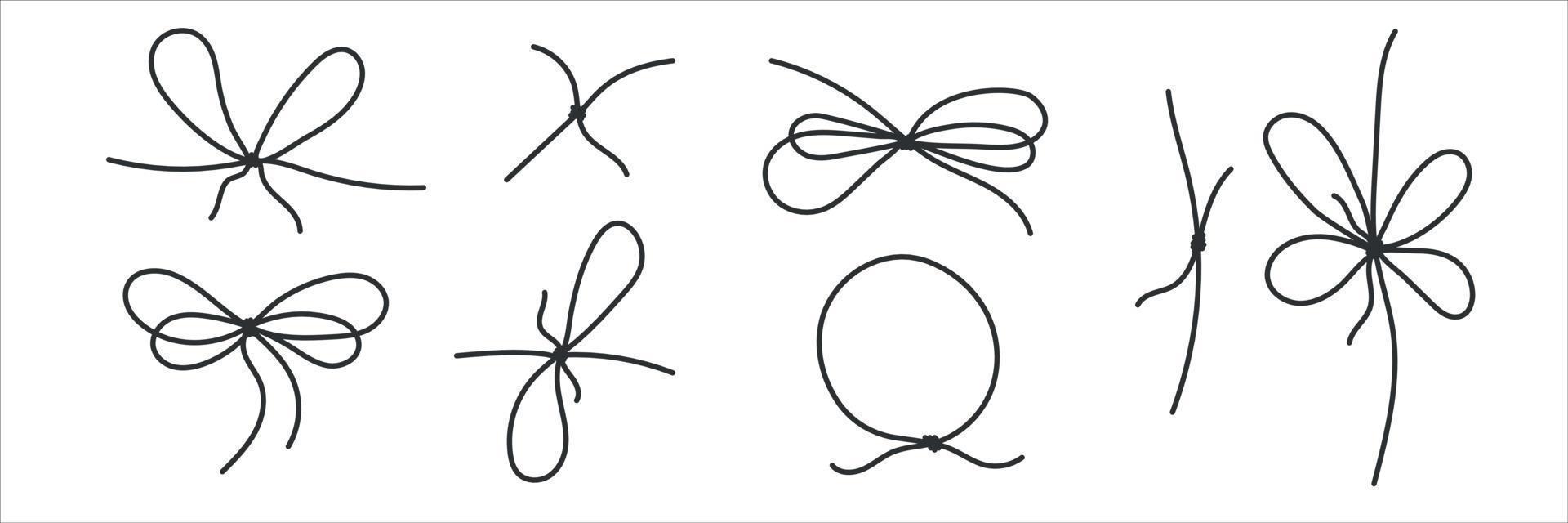 Lace bows or bow knot sketch. Rope knots, marine knots. Vector illustration.