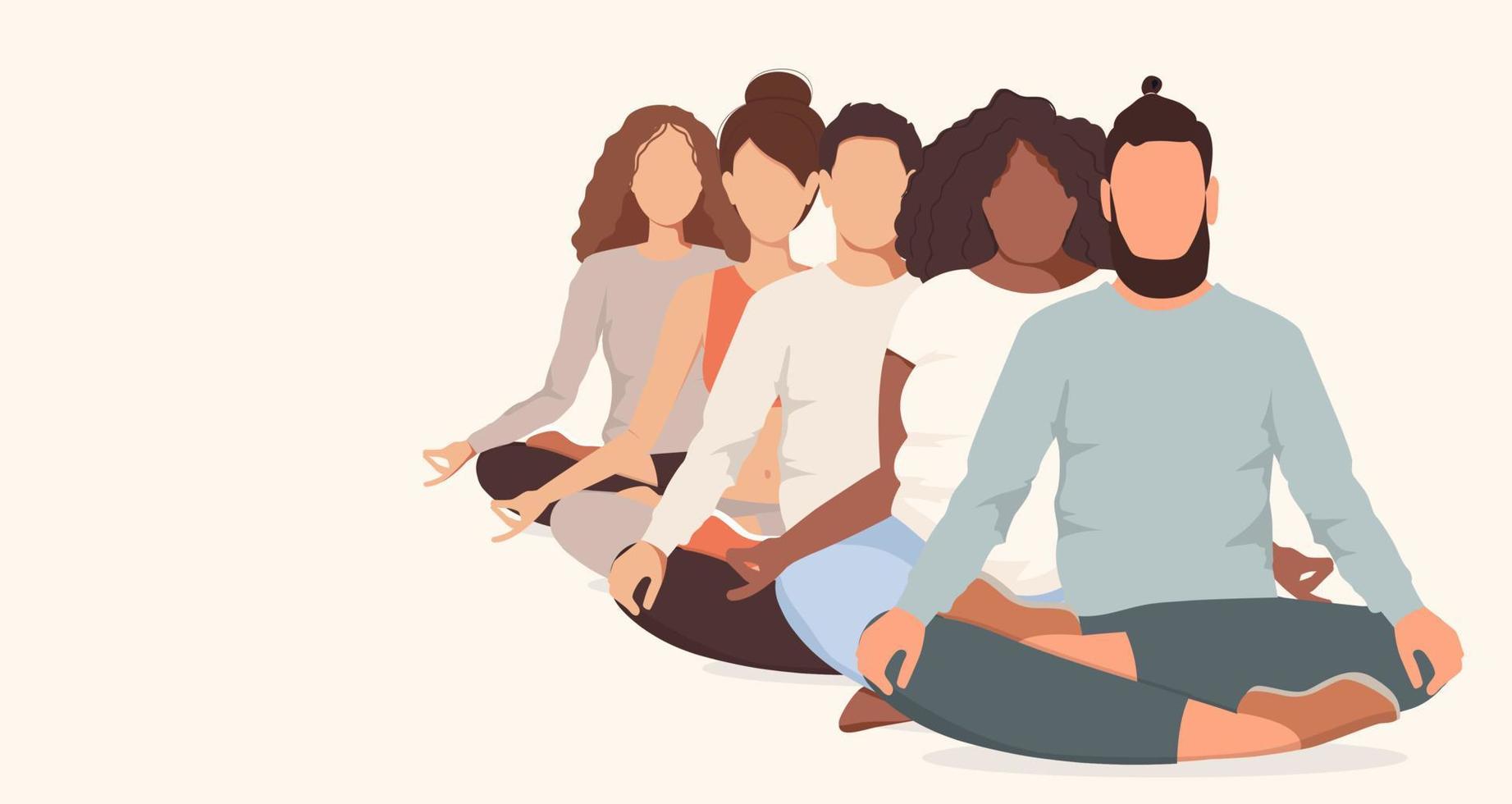 Group of different people practicing yoga together. Man and woman  sitting in lotus position isolated on white vector