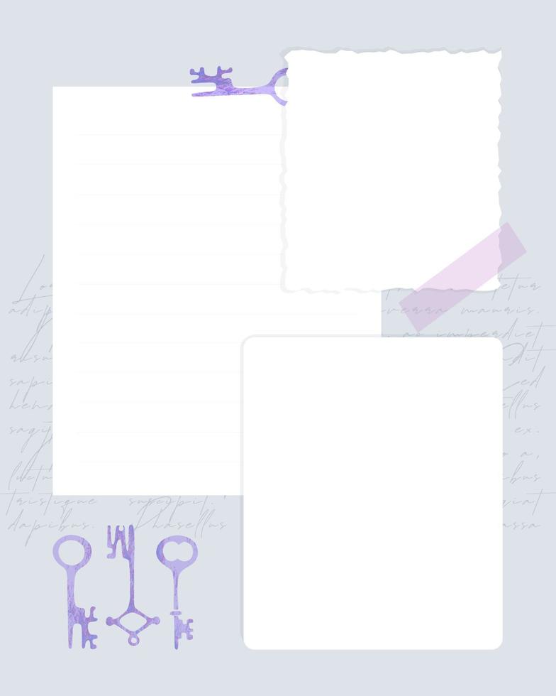 Daily planner with keys stamp, vintage style, paper for notes, to-do lists, template for reminders. vector