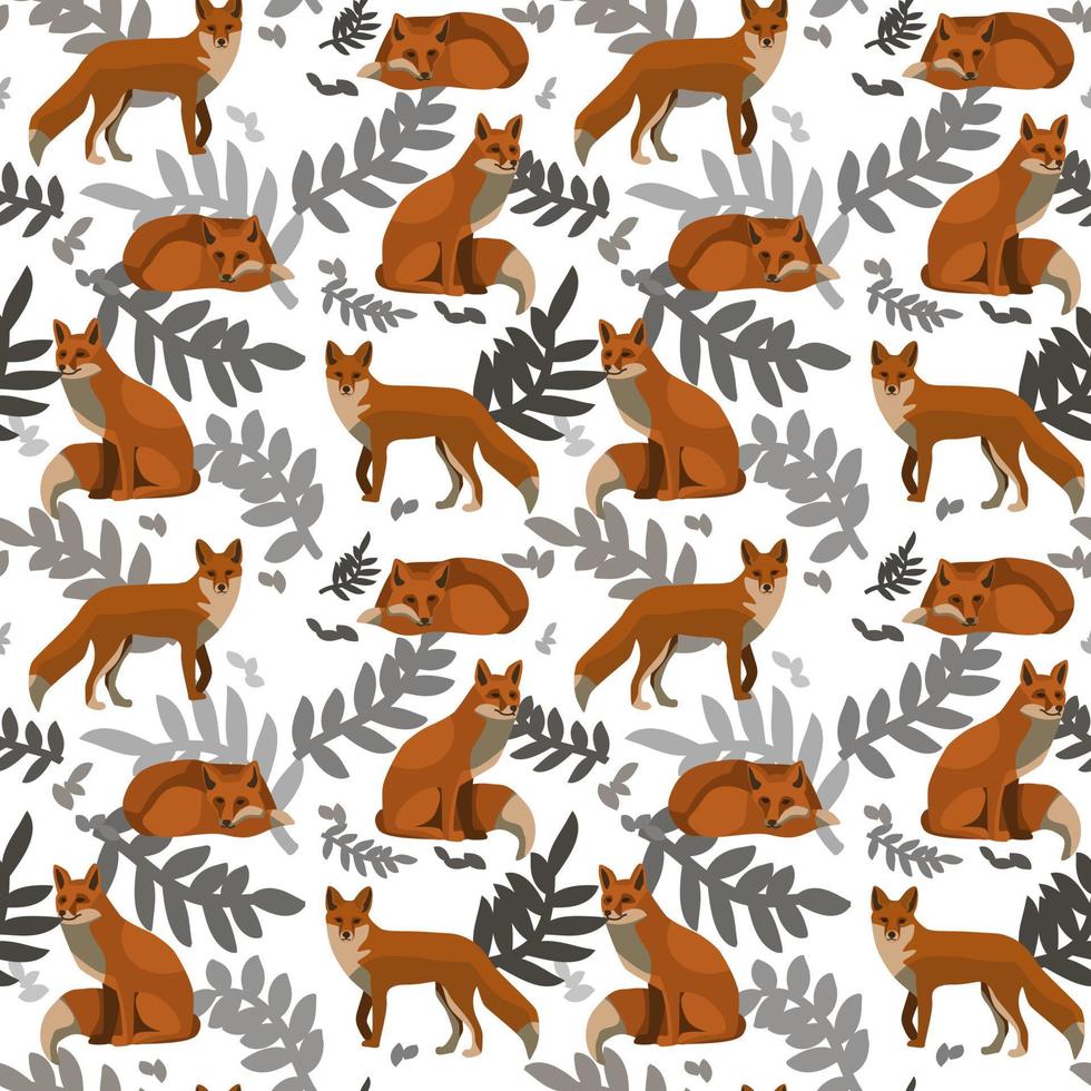 Foxes in different poses. Seamless pattern of foxes with shadow. Vector illustration