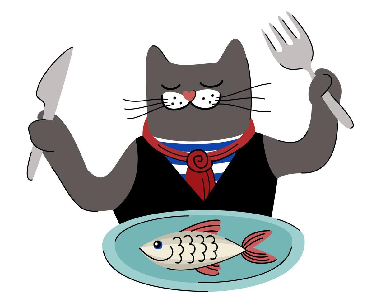 Cat eating fish. Vector isolated illustration.