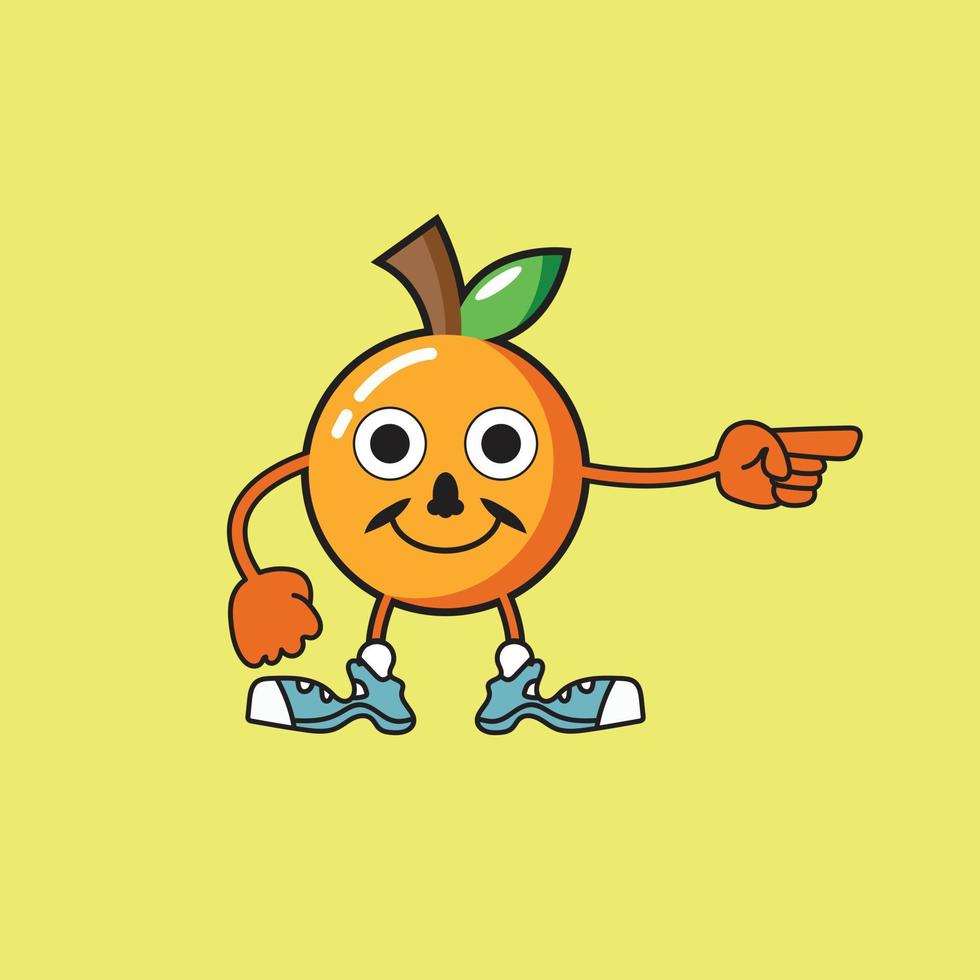 personaje de fruta naranja que señala el icono del logotipo del vector lindo