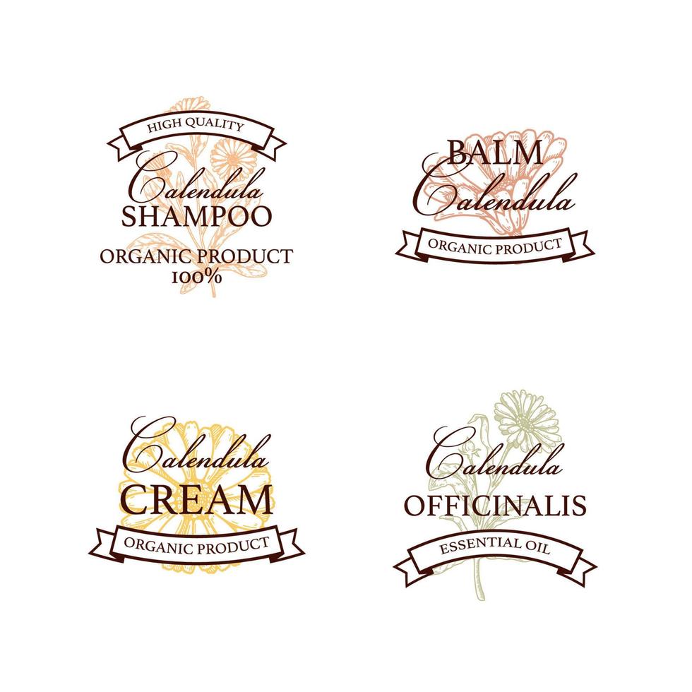 Set of hand drawn vintage calendula product logo designs. Vector illustration in sketch style. Can be used for packaging
