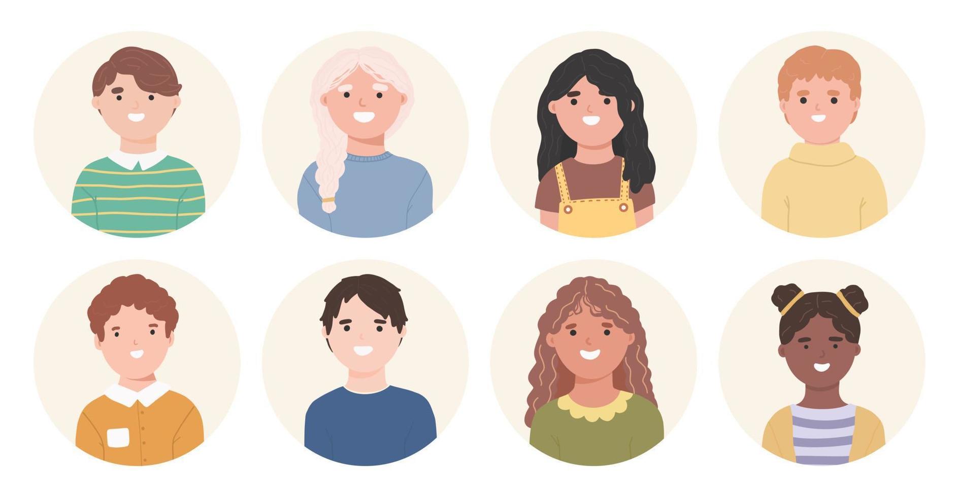 Bundle of smiling faces of boys and girls with different hairstyles, skin colors and ethnicities. Vector illustration in flat cartoon style.