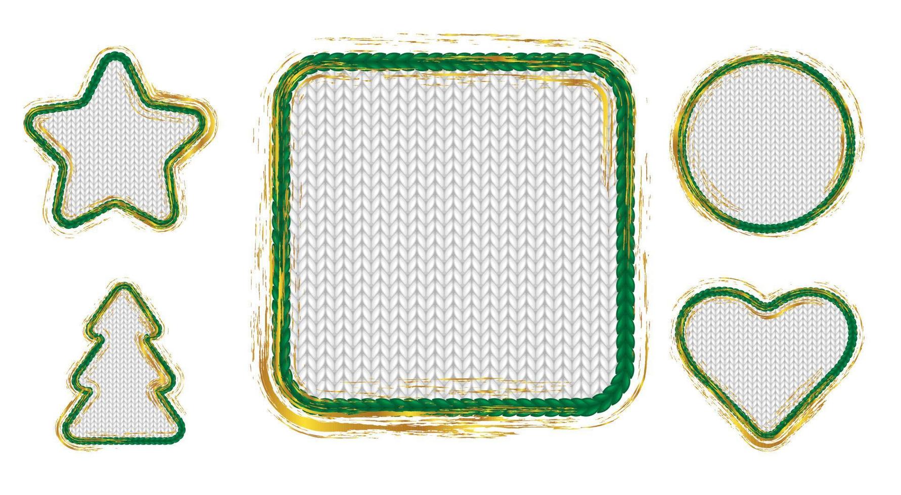 Green gold frames with knit texture for Christmas card template, holiday banner or sale flyer vector