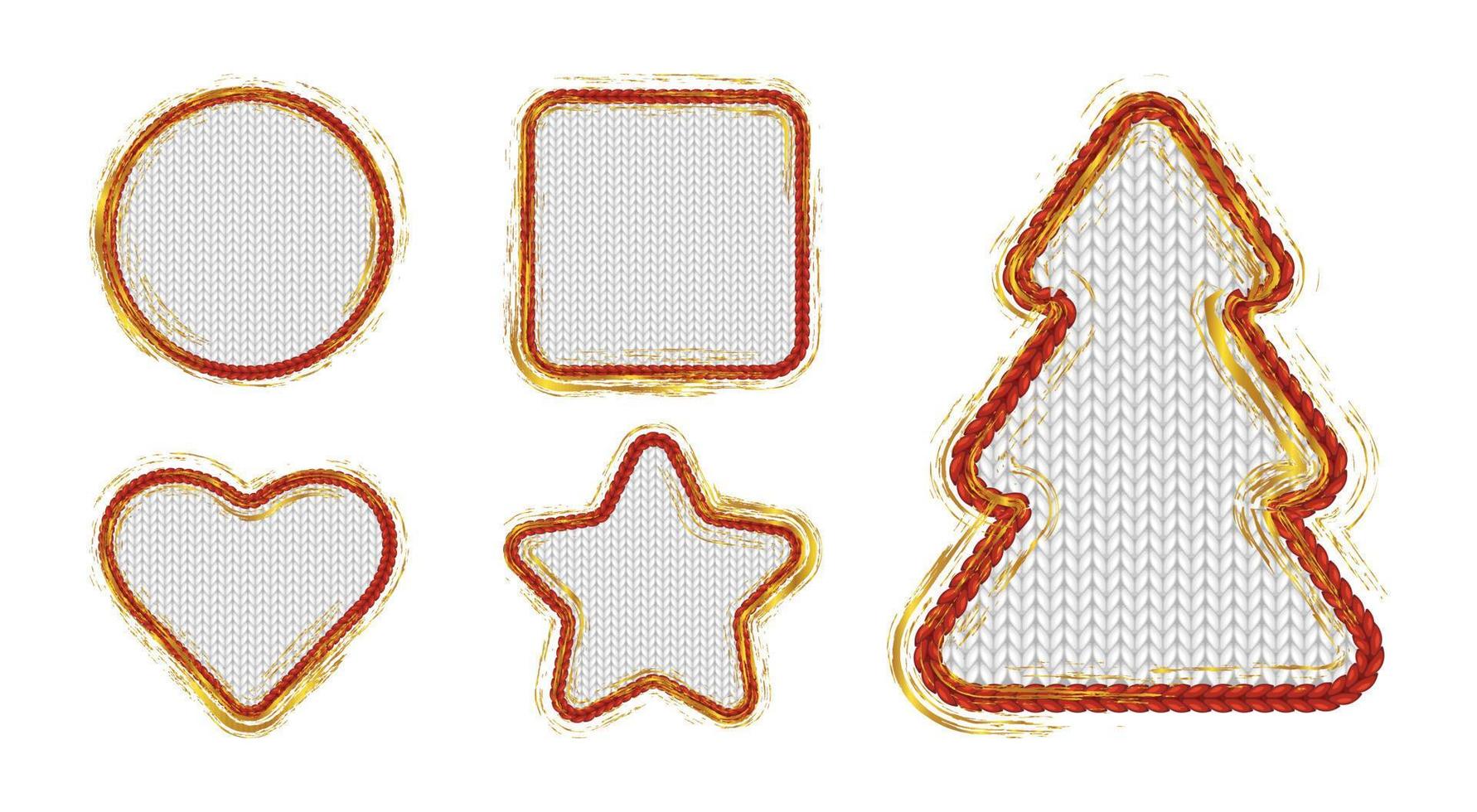 marcos navideños formas geométricas círculo, cuadrado, árbol, corazón y estrella. borde dorado y rojo para tarjeta de regalo de navidad o etiqueta. decoración de banner de vacaciones de invierno vector
