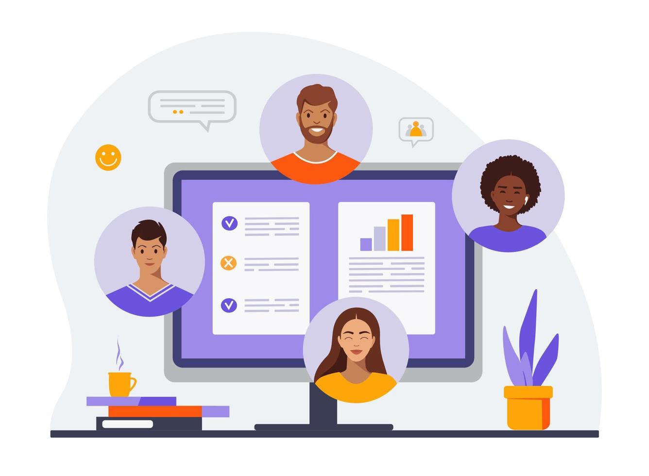 Illustration with virtual business group meeting, video conference call