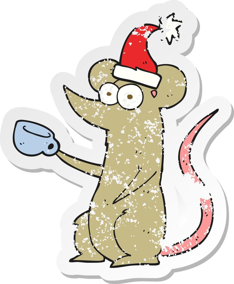 retro distressed sticker of a cartoon mouse wearing christmas hat vector