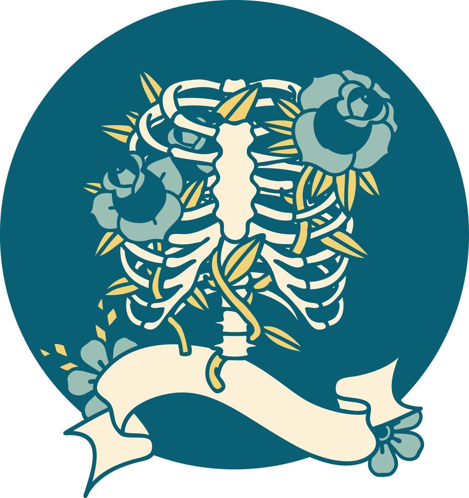 tattoo style icon with banner of a rib cage and flowers vector